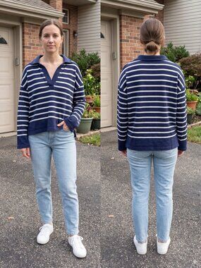 Madewell Rugby Polo Tee NS576 Thin Stripe Navy White Cotton Preppy Coastal Large